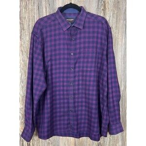 Johnston & Murphy Shirt Men 2XL Plaid Purple Blue Flip Cuff Dress Casual Preppy